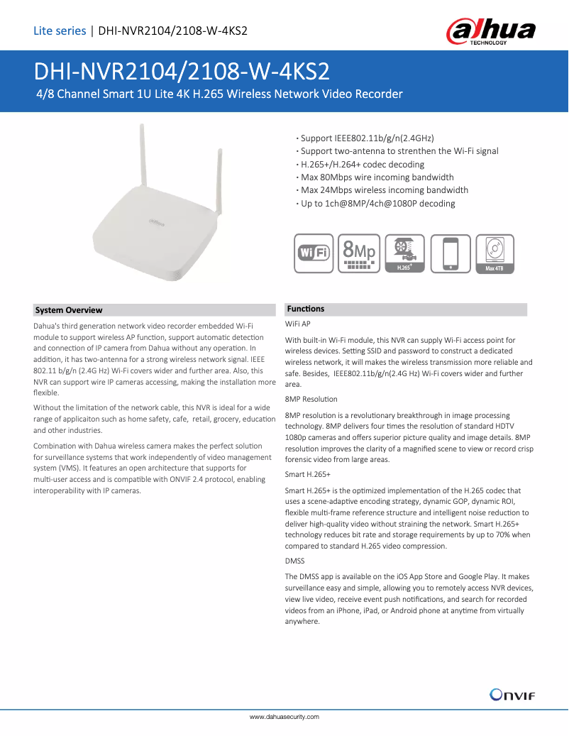Page 1 de la notice Fiche technique Dahua Technology NVR2104-W-4KS2
