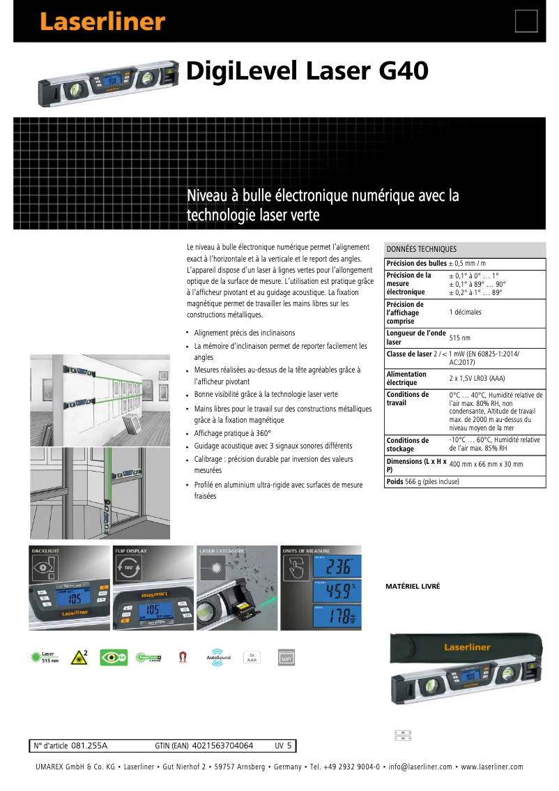 Page n°1 - Fiche technique Laserliner DigiLevel-Laser G40