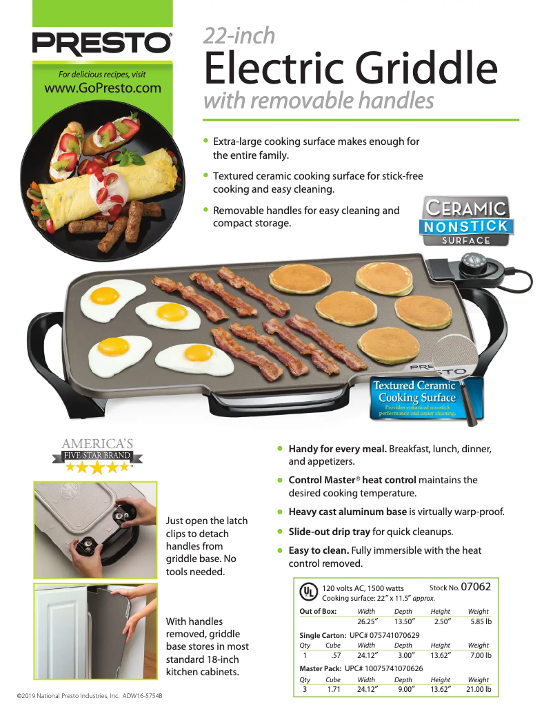 Page 1 de la notice Fiche technique Presto 22-inch Electric Griddle 07062