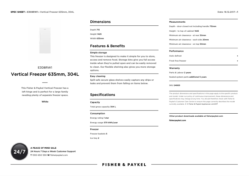 Page 1 de la notice Fiche technique Fisher & Paykel E308RW1