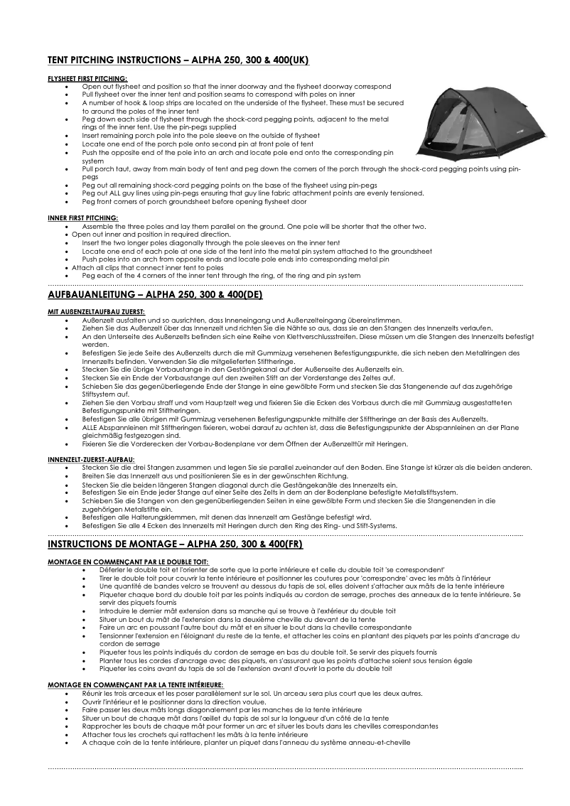 Page 1 de la notice Manuel utilisateur Vango Alpha 300