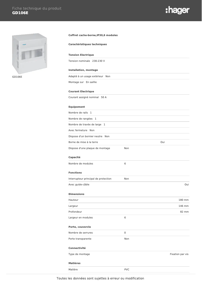 Page n°1 - Fiche technique Hager GD106E