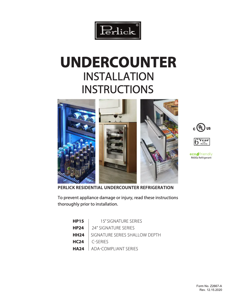 Page n°1 - Guide d'installation Perlick HC24RO-4-2R