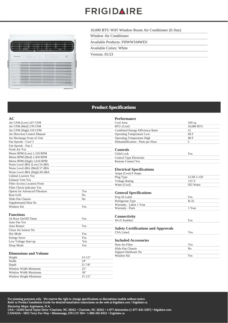 Page 1 de la notice Fiche technique Frigidaire FHWW104WD1