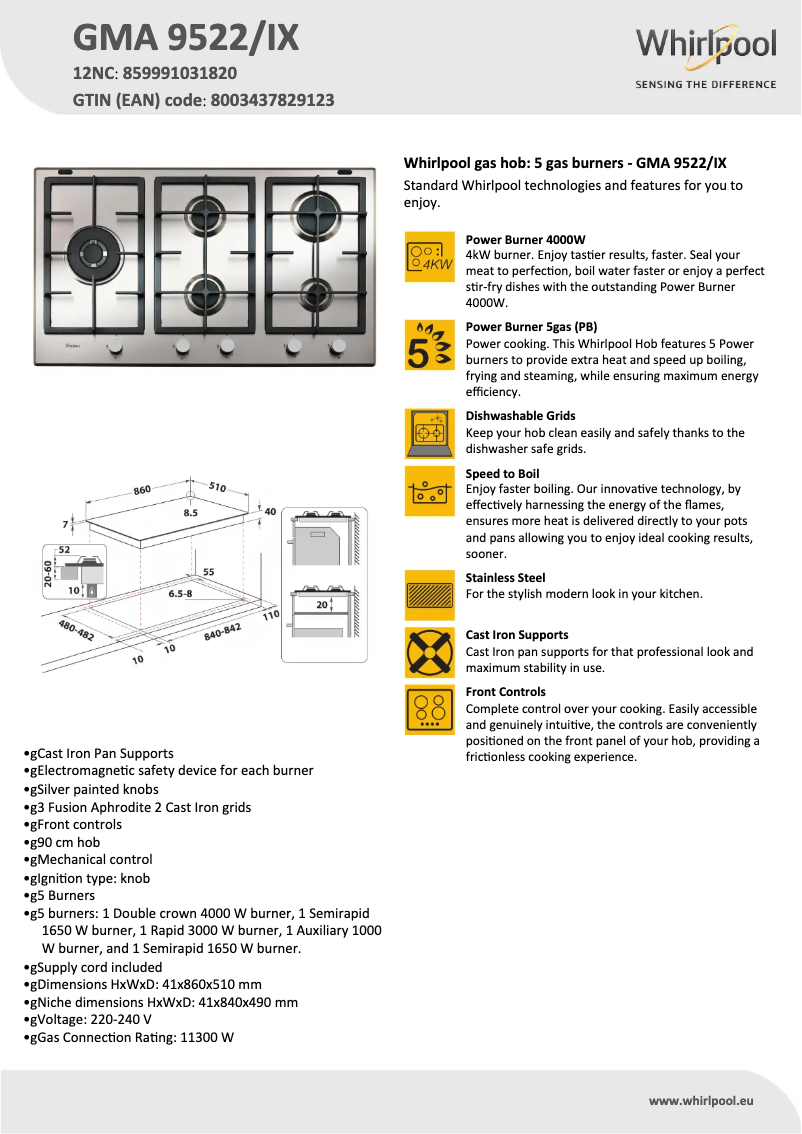 Page n°1 - Fiche technique Whirlpool GMA 9522/IX