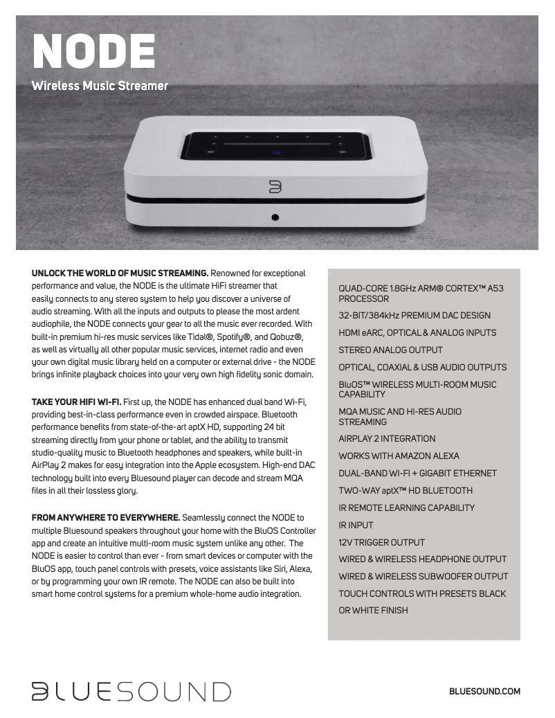 Page n°1 - Fiche technique Bluesound Node N130