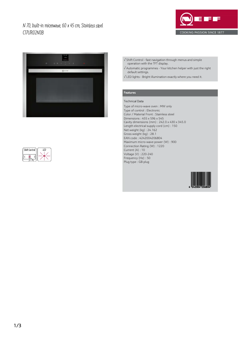 Page 1 de la notice Fiche technique Neff C17UR02N0B