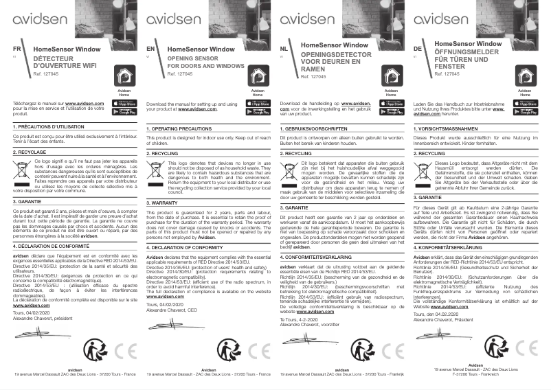 Page 1 de la notice Manuel utilisateur Avidsen HomeSensor Window