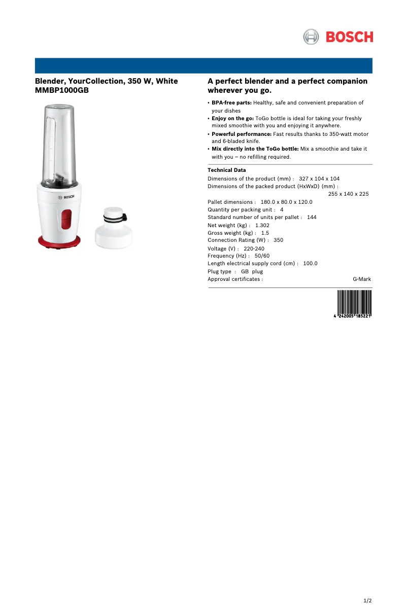 Page n°1 - Fiche technique Bosch MMBP1000GB