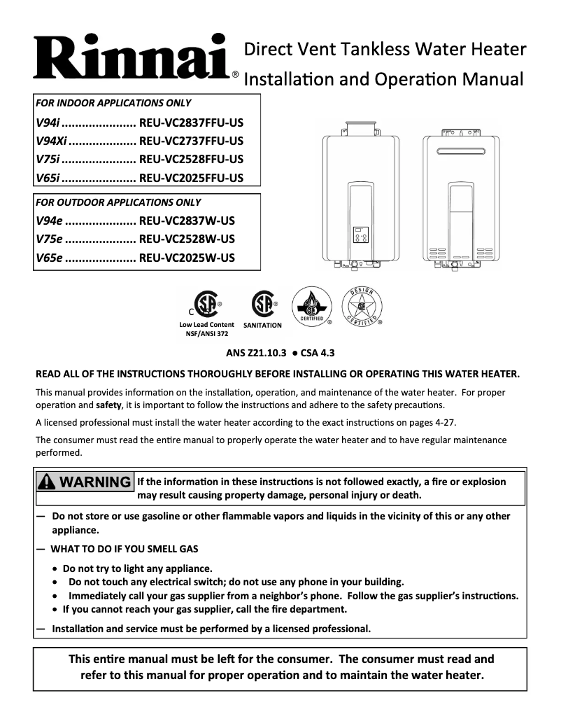 Page n°1 - Guide d'installation Rinnai V94iP