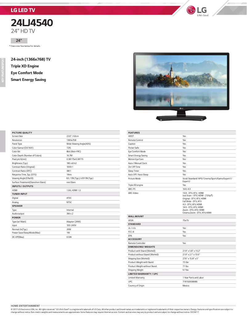 Página 1 del manual Ficha técnica LG 24LJ4540