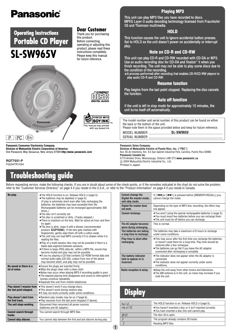 Page 1 de la notice Manuel utilisateur Panasonic SL-SW965V