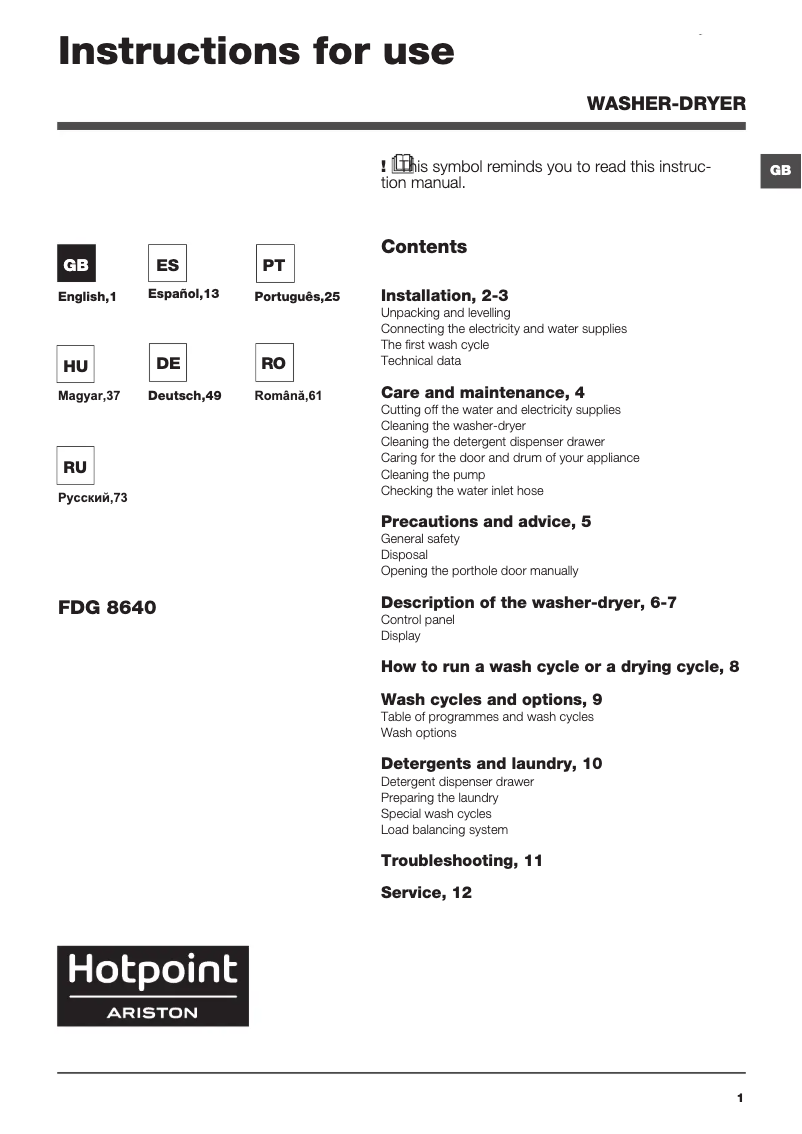 Page 1 de la notice Manuel utilisateur Hotpoint Ariston FDG 8640BS EU