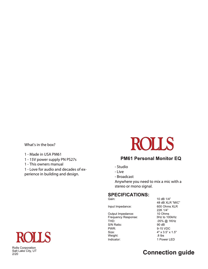 Page 1 de la notice Manuel utilisateur Rolls PM61