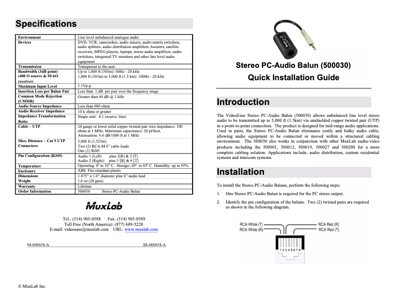 Image de la première page du manuel de l'appareil Stereo PC-Audio Balun