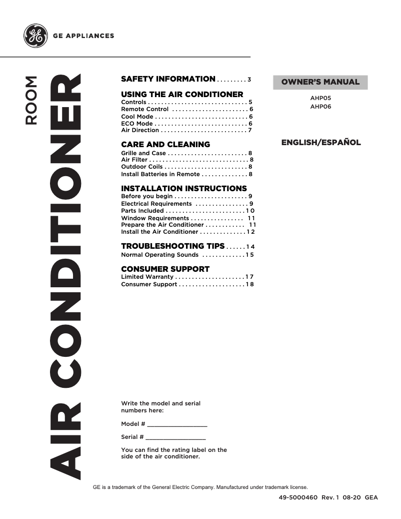 Page n°1 - Manuel d'utilisation et d'entretien GE AHP05LZ