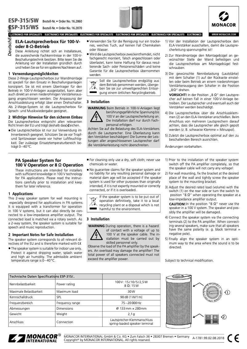 Image de la première page du manuel de l'appareil ESP-315/WS