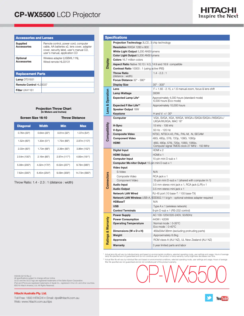 Page 1 de la notice Fiche technique Hitachi CP-WX5500