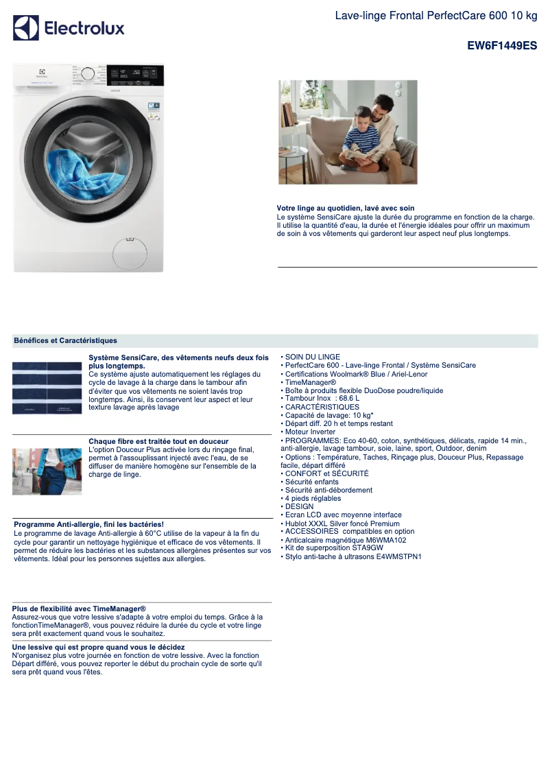 Page 1 de la notice Fiche technique Electrolux EW6F1449ES