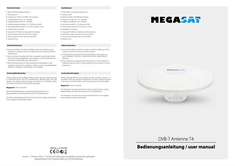 Page 1 de la notice Manuel utilisateur Megasat DVB-T Antenne T4