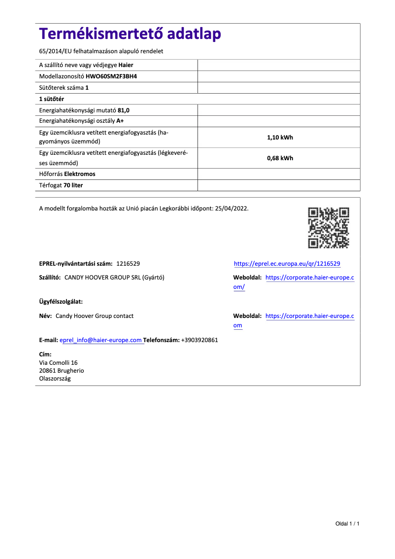 Page 1 de la notice Fiche technique Haier HWO60SM2F3BH