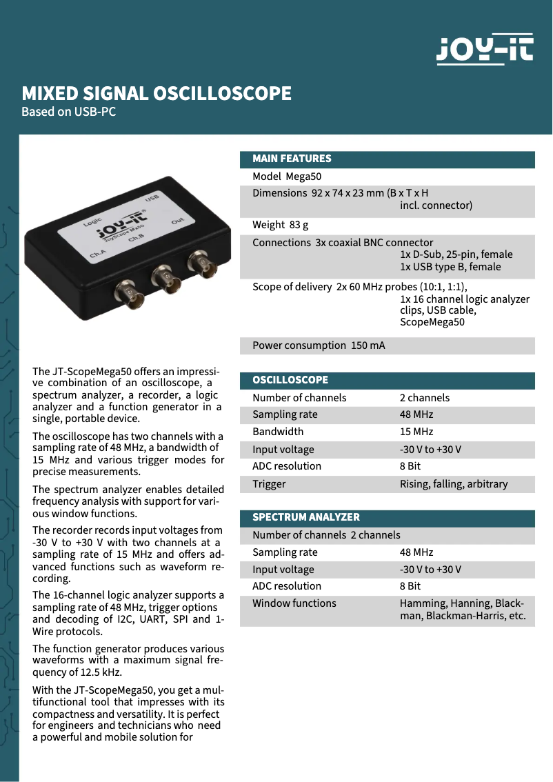 Page 1 de la notice Fiche technique Joy-It JT-ScopeMega50