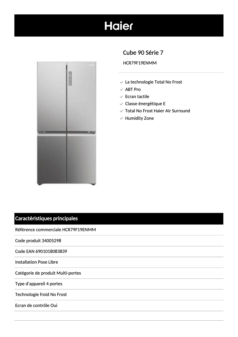 Página 1 del manual Ficha técnica Haier HCR79F19ENMM