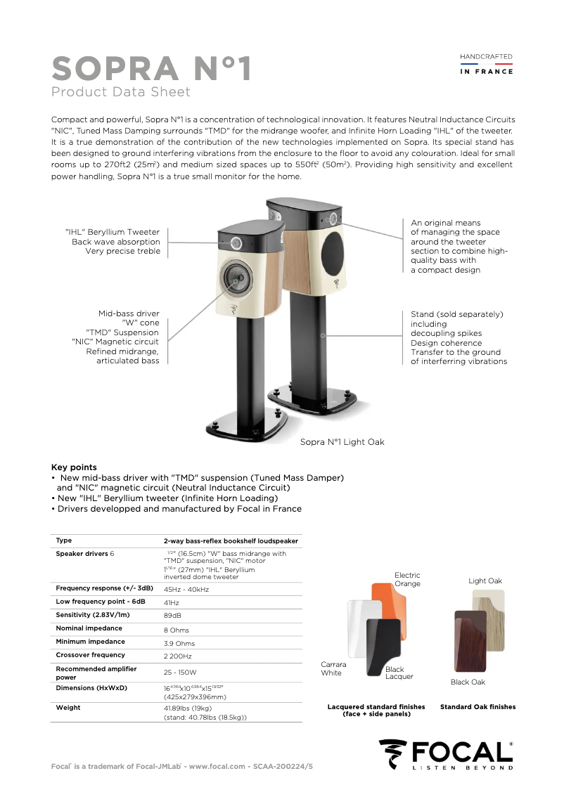 Page 1 de la notice Fiche technique Focal Sopra №1
