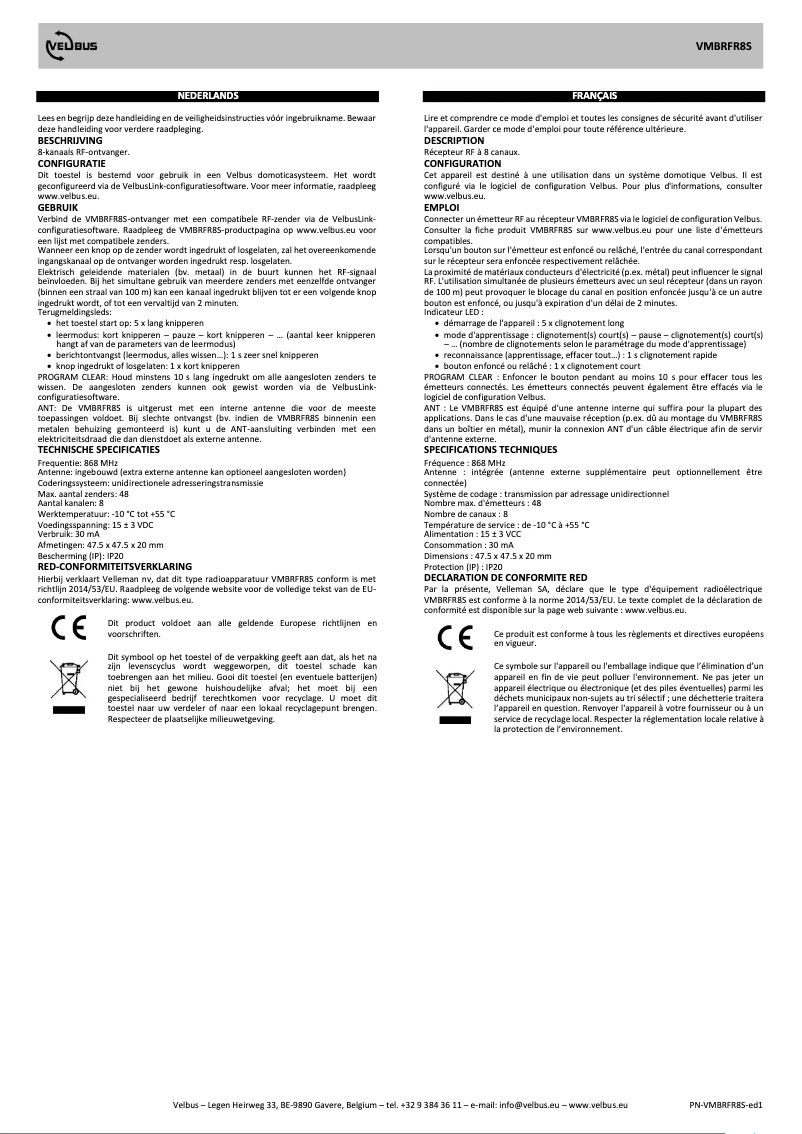 Page n°1 - Manuel utilisateur Velbus VMBRFR8S