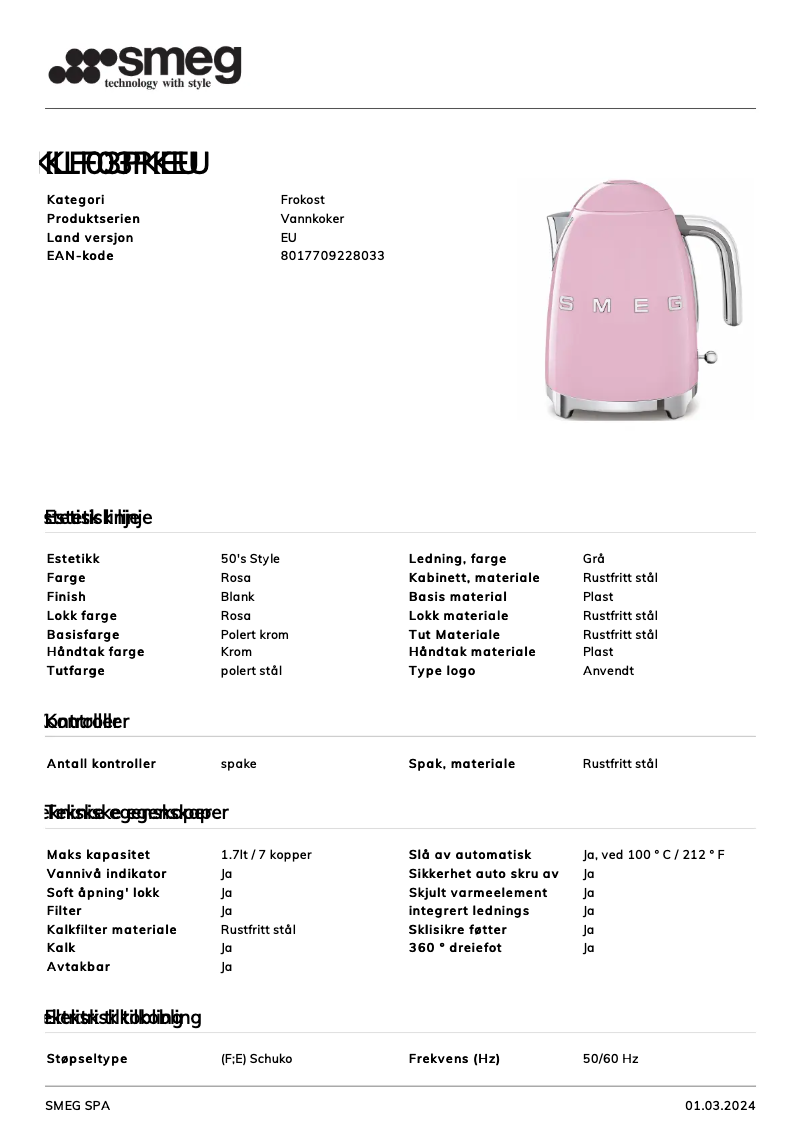 Page 1 de la notice Fiche technique Smeg KLF03