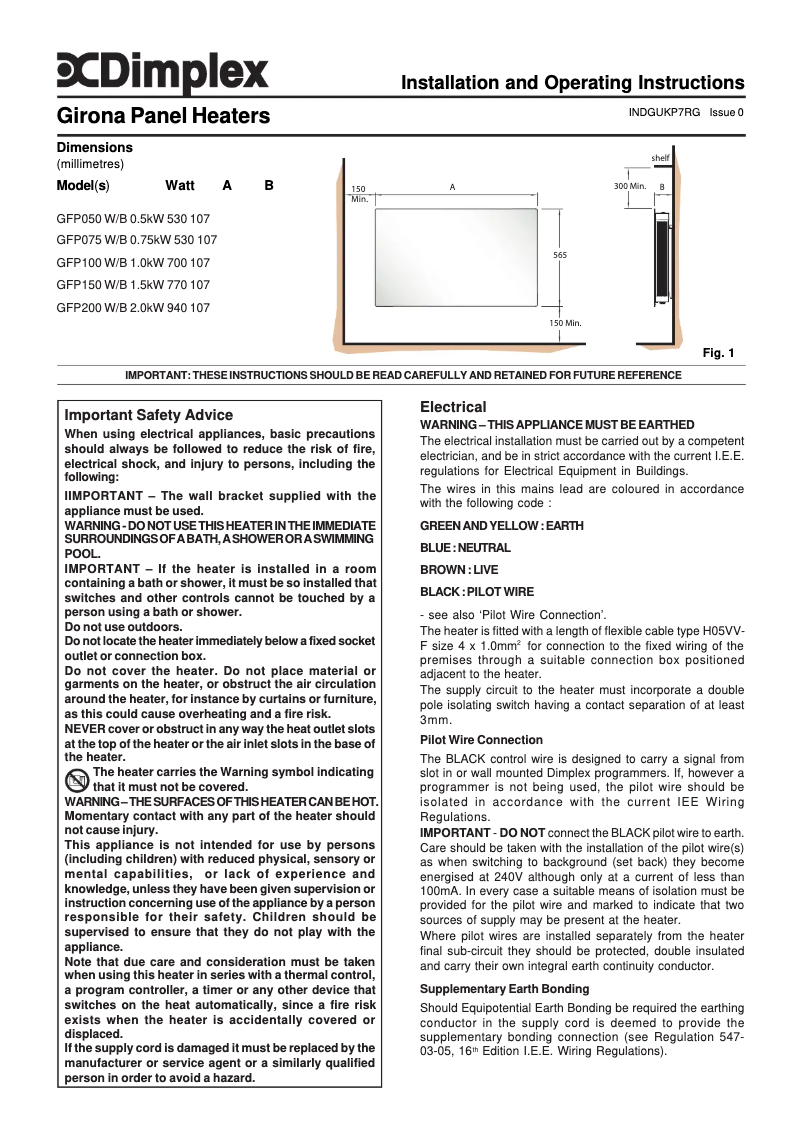 Page 1 de la notice Manuel utilisateur Dimplex GFP150W