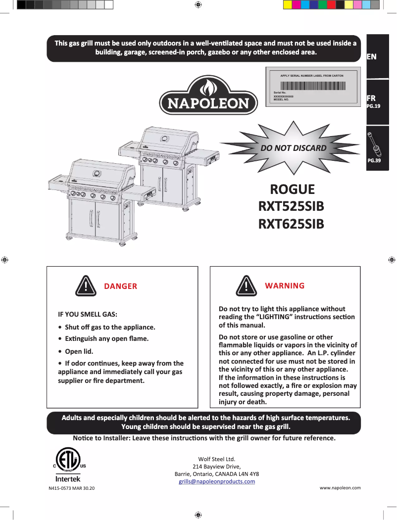Page 1 de la notice Manuel utilisateur Napoleon Rogue XT 525