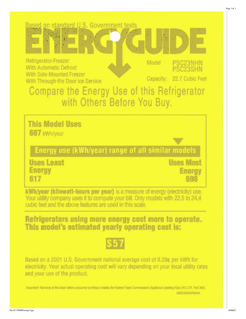 Page 1 de la notice Label énergétique GE PSC23NHNBB