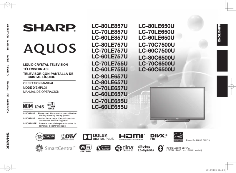 Page n°1 - Manuel utilisateur Sharp LC-70LE857U