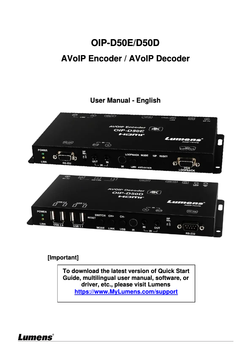 Page 1 de la notice Manuel utilisateur Lumens OIP-D50D