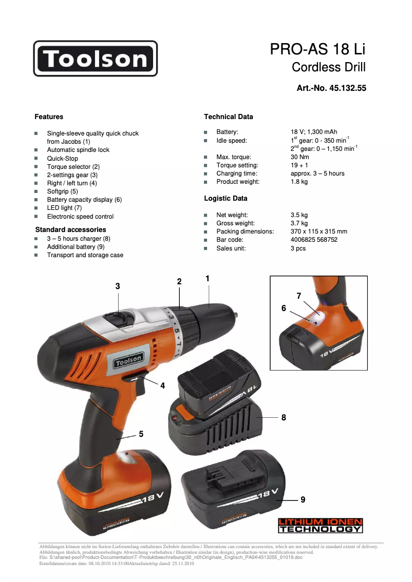 Page 1 de la notice Manuel utilisateur Toolson PRO-AS 18 Li