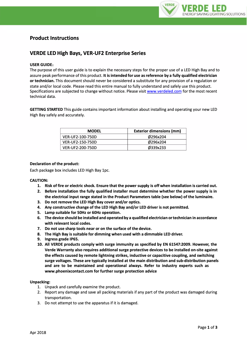 Page 1 de la notice Manuel utilisateur Verde LED VER-UF2-100-750D