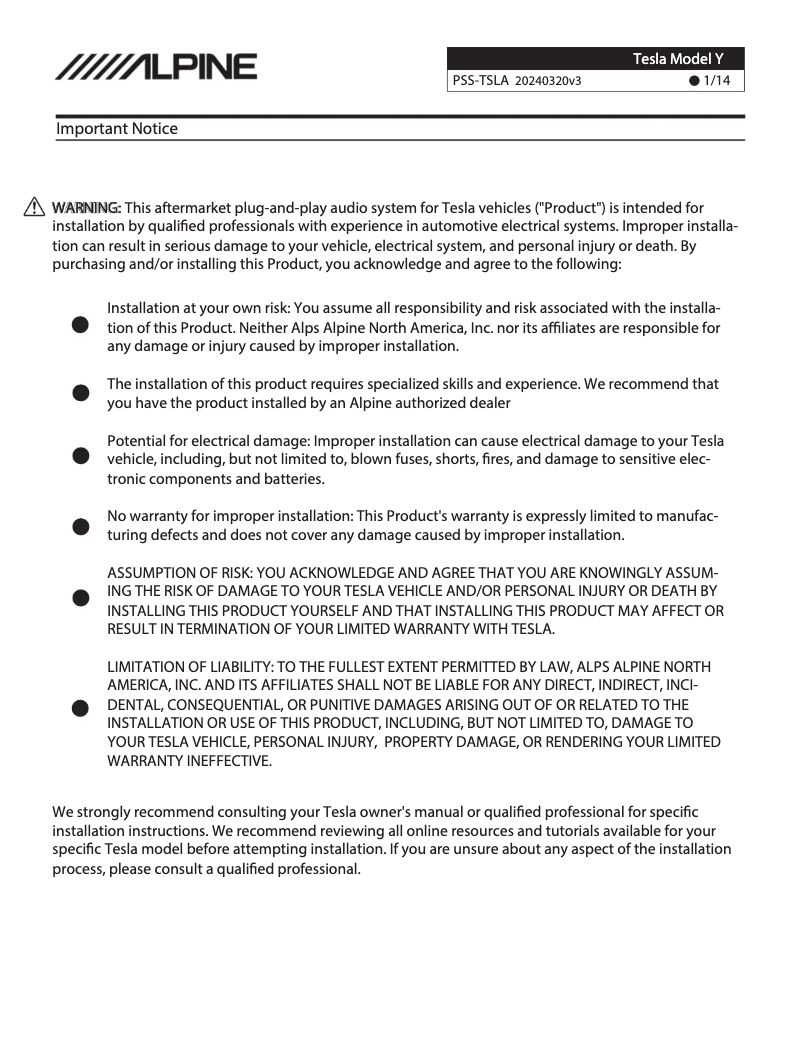 Page 1 de la notice Manuel utilisateur Alpine PSS-TSLA-22Y