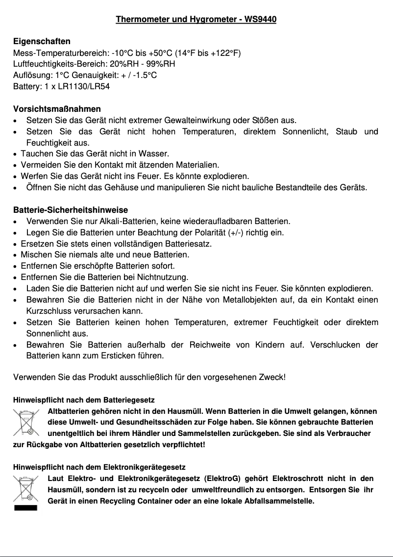 Page 1 de la notice Manuel utilisateur Techno Line WS 9440