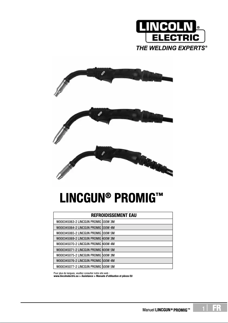 Page 1 de la notice Manuel utilisateur Lincoln Electric LINCGUN PROMIG WATER
