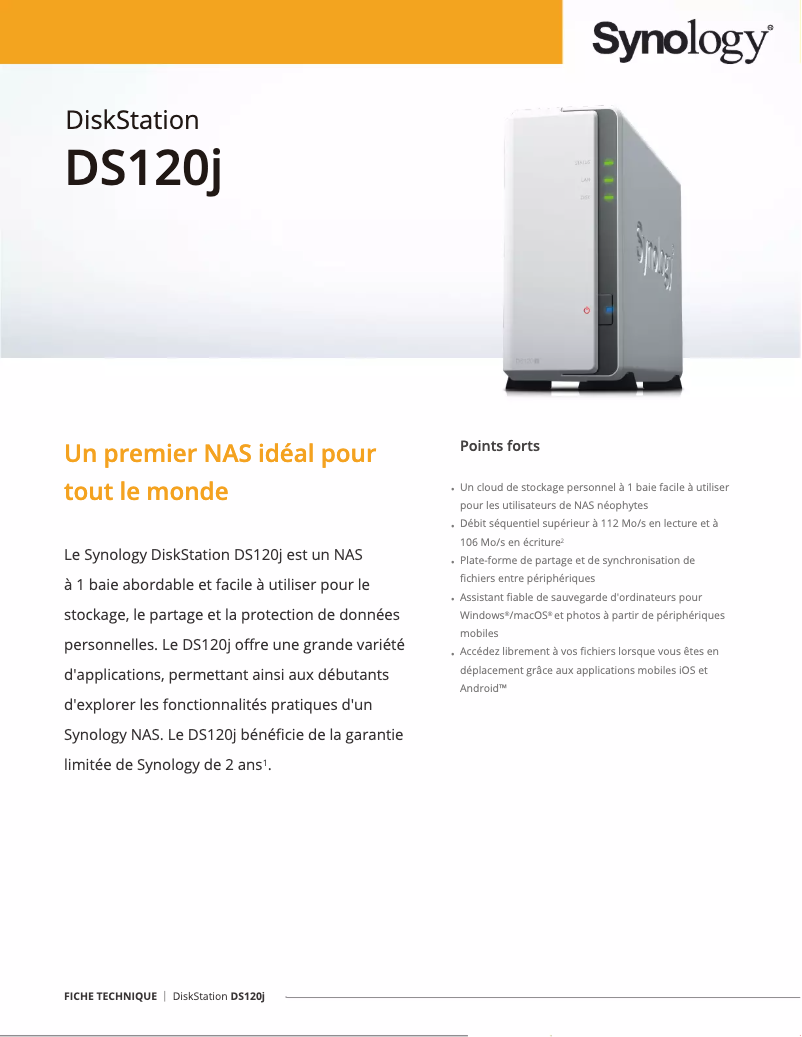 Page 1 de la notice Fiche technique Synology DiskStation DS120j