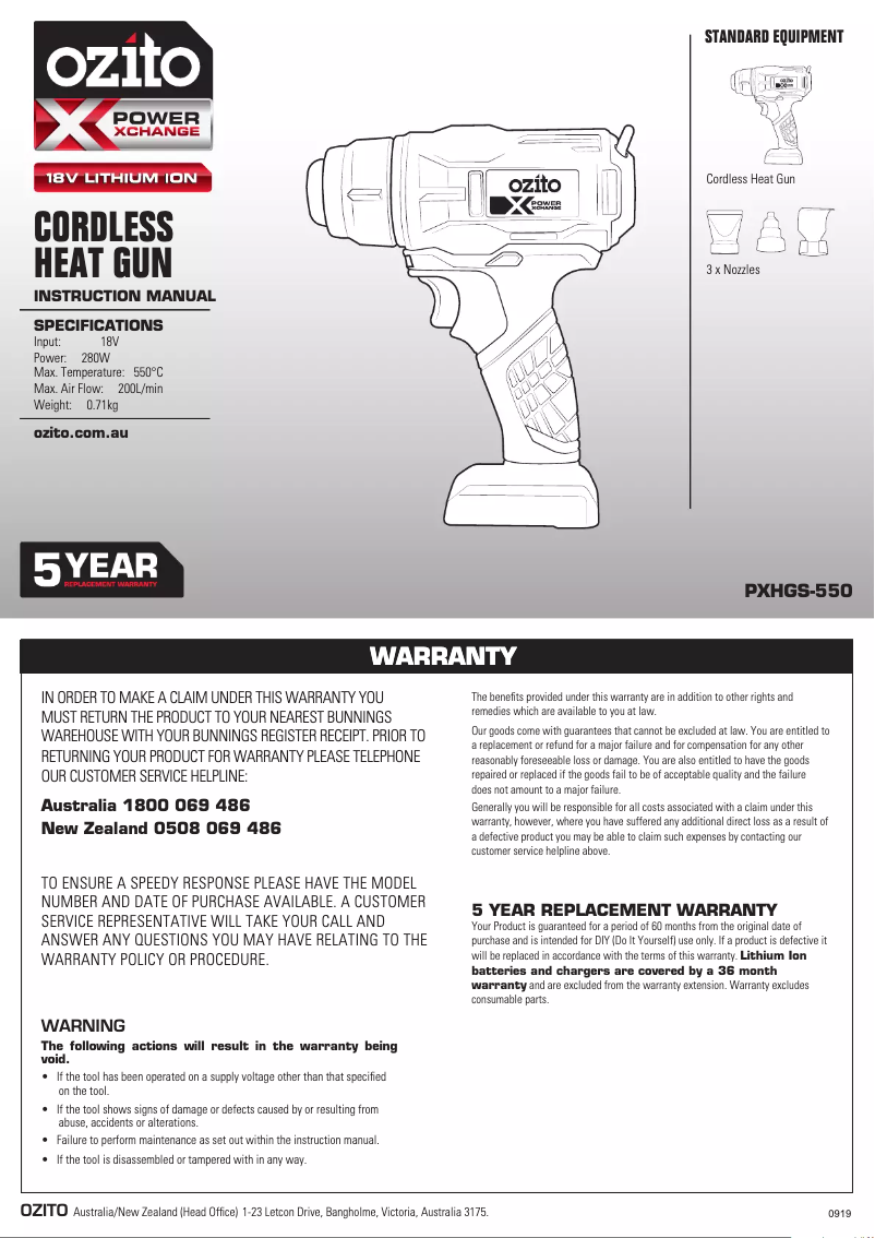 Page 1 de la notice Manuel utilisateur Ozito PXHGS-550