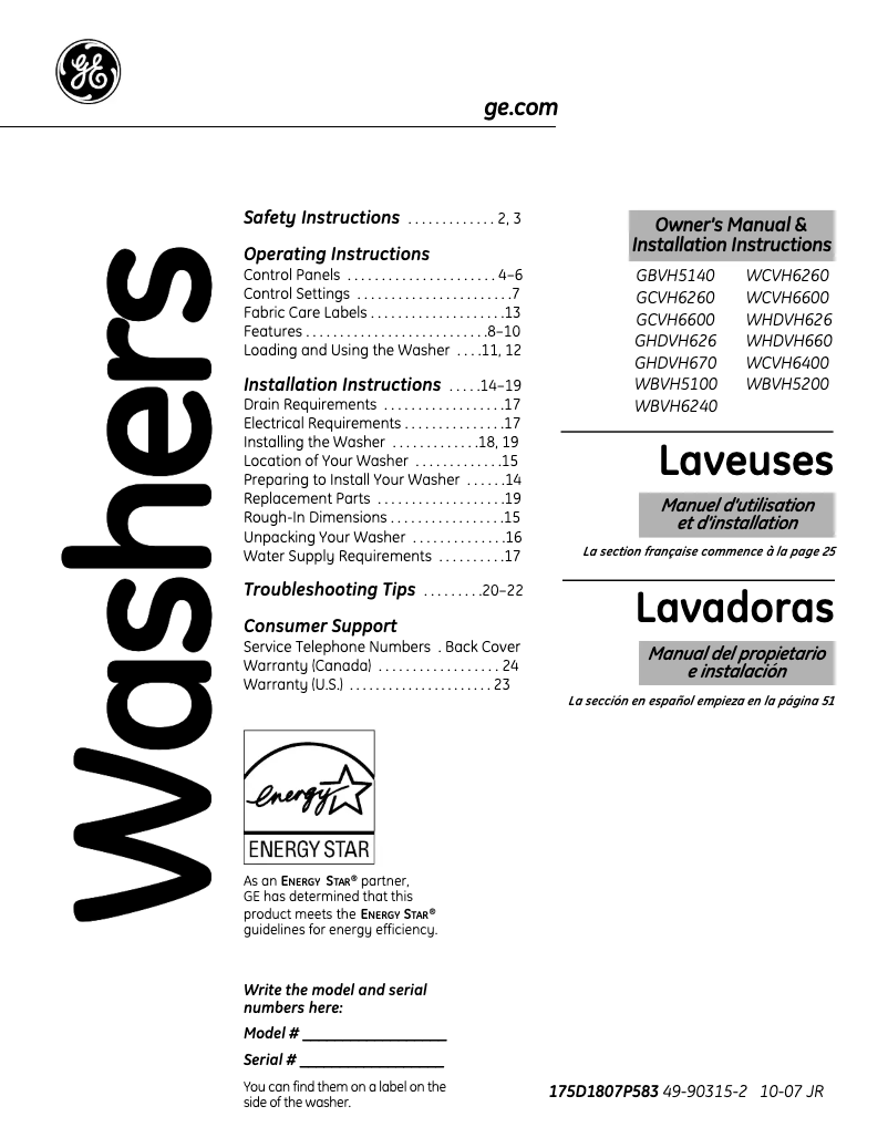 Page 1 de la notice Guide d'installation GE WCVH6260HWW