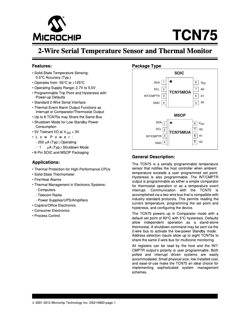 Página 1 del manual Ficha técnica Microchip TCN75