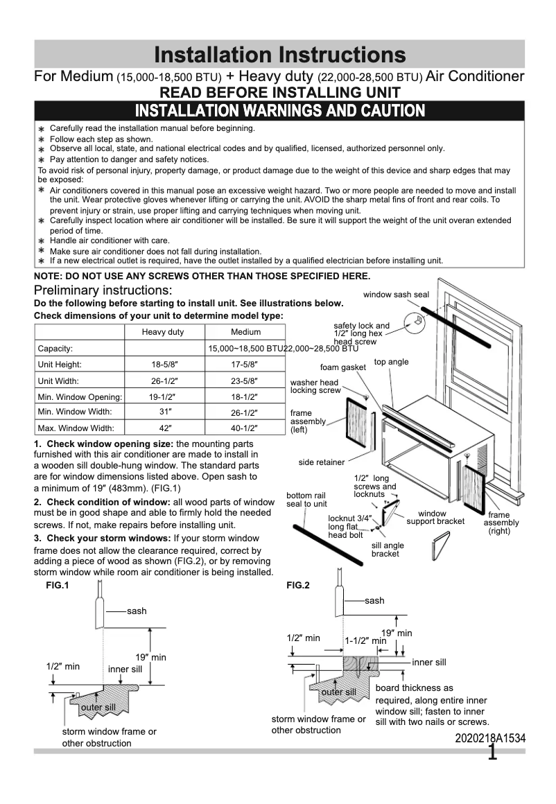 Page 1 de la notice Guide d'installation Frigidaire LRA18HMU2