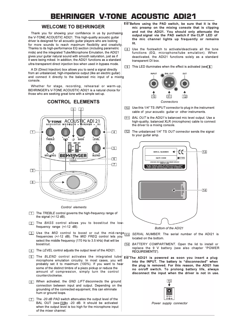 Image de la première page du manuel de l'appareil V-Tone Acoustic ADI21