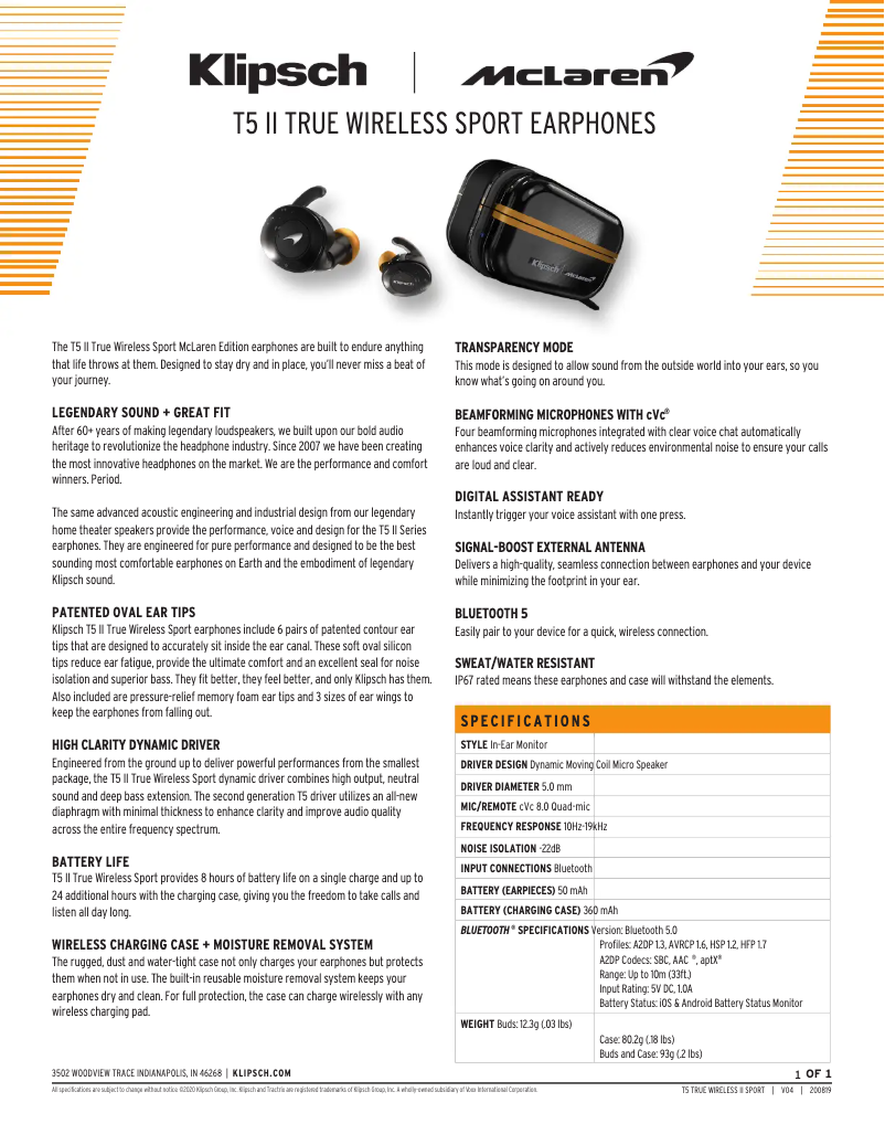 Page n°1 - Fiche technique Klipsch T5 II