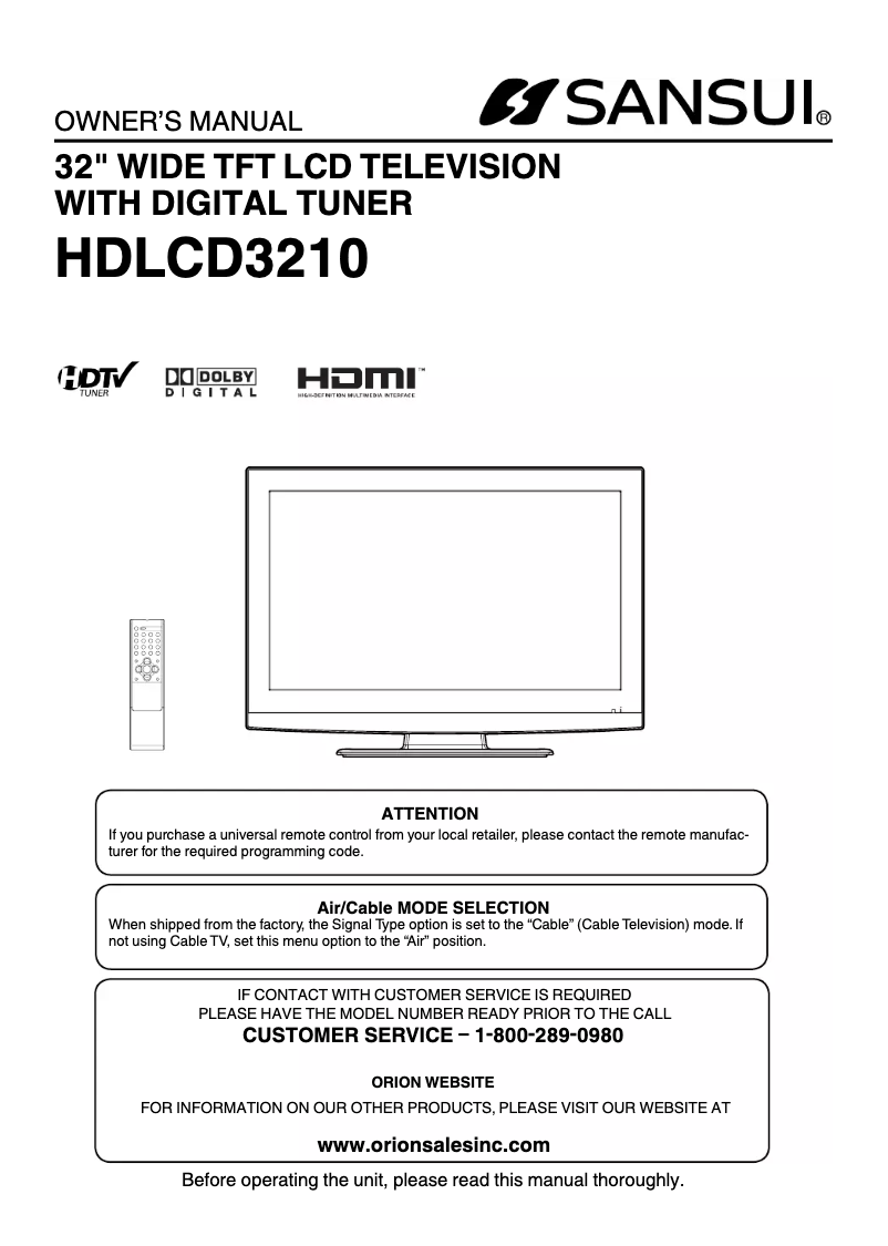 Page n°1 - Manuel utilisateur Sansui HDLCD3210
