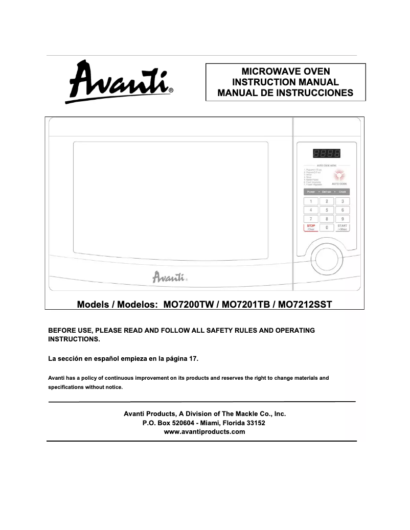 Page 1 de la notice Manuel utilisateur Avanti MO7212SST