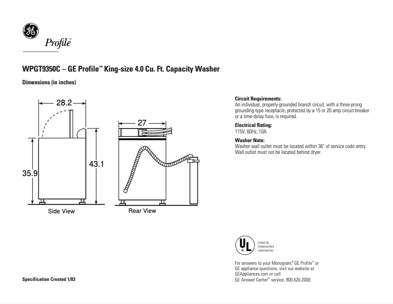 Page n°1 - Fiche technique GE Harmony WPGT9350CPL